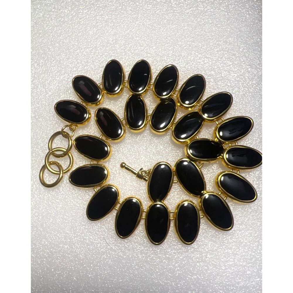 Black Enamel Oval‎ Link Necklace Gold Tone Toggle Clasp 16+2 In Statement Chic